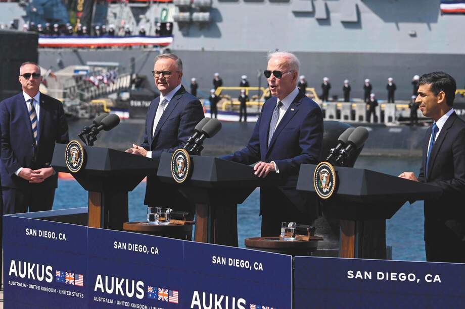 En San Diego, California, Rishi Sunak y Anthony Albanese, del Reino Unido y Australia, participaron con Joe Biden en una conferencia de prensa de la alianza Aukus.
