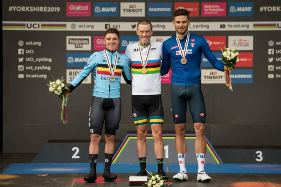 El podio de la Contrarreloj Individual del Mundial de Ciclismo de Ruta 2019. / AFP