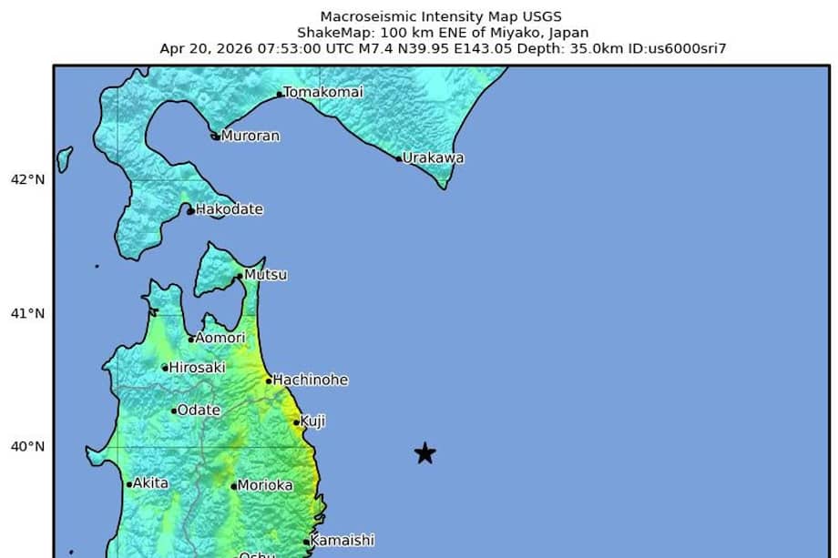 Un mapa de intensidad sísmica facilitado por el Servicio Geológico de los Estados Unidos (USGS) muestra la ubicación de un terremoto de magnitud 7,4.