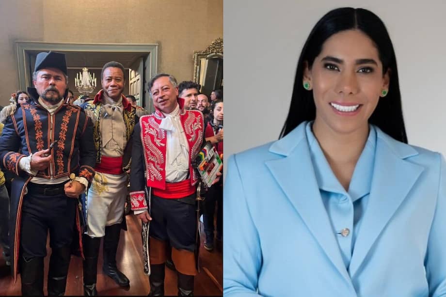 A la izquierda se encuentran Gustavo Petro (d), Cuba Gooding Jr. (c) y Lucho Velasco (i) durante el rodaje del filme del Almirante Padilla. A la derecha está Carina Murcia, ministra de las TIC desde septiembre de 2025.