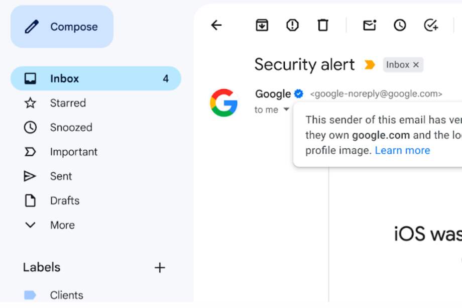 Logotipo de verificación en un correo de Gmail. La función busca evitar delitos cibernéticos.