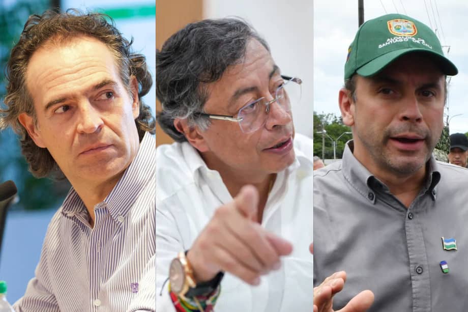 Los alcaldes Federico Gutiérrez (izq.) y Alejandro Eder (der.) viajaron a Estados Unidos. El presidente Gustavo Petro (centro) ha criticado la intención de ambos mandatarios locales.