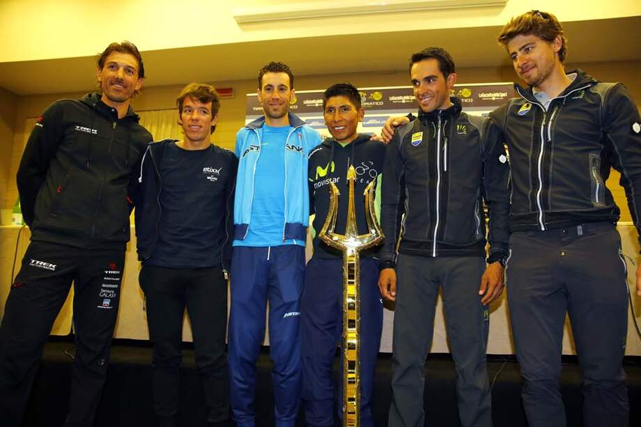 De izquierda a derecha: Rigoberto Urán, Vincenzo Nibali, Nairo Quintana y Alberto Contador, las figuras del Tirreno-Adriático. Prensa Movistar