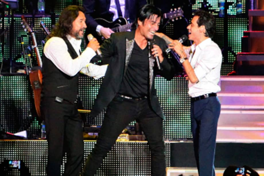 Marco Antonio Solís, Chayanne y Marc Anthony en el primer concierto de la gira "Gigant3s", el 8 de agosto de 2012. / Efe