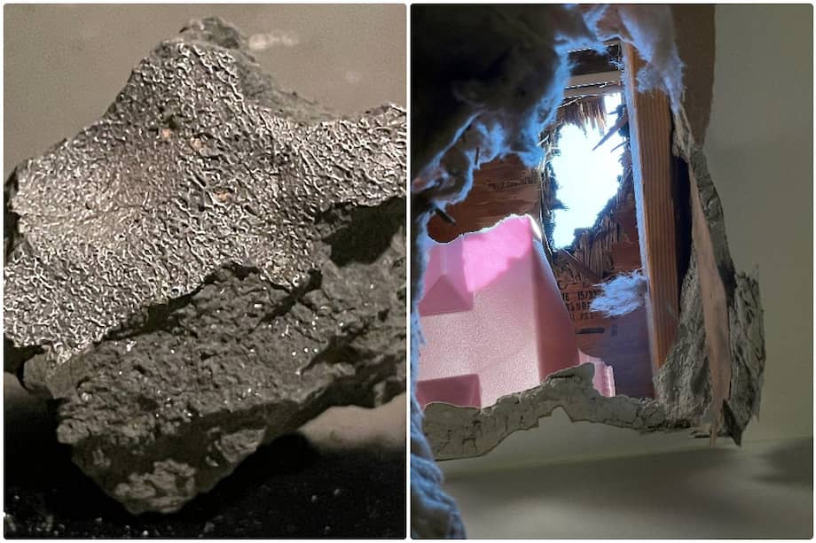 Imagen del fragmento de meteorito y del hueco que dejó en la casa al caer.