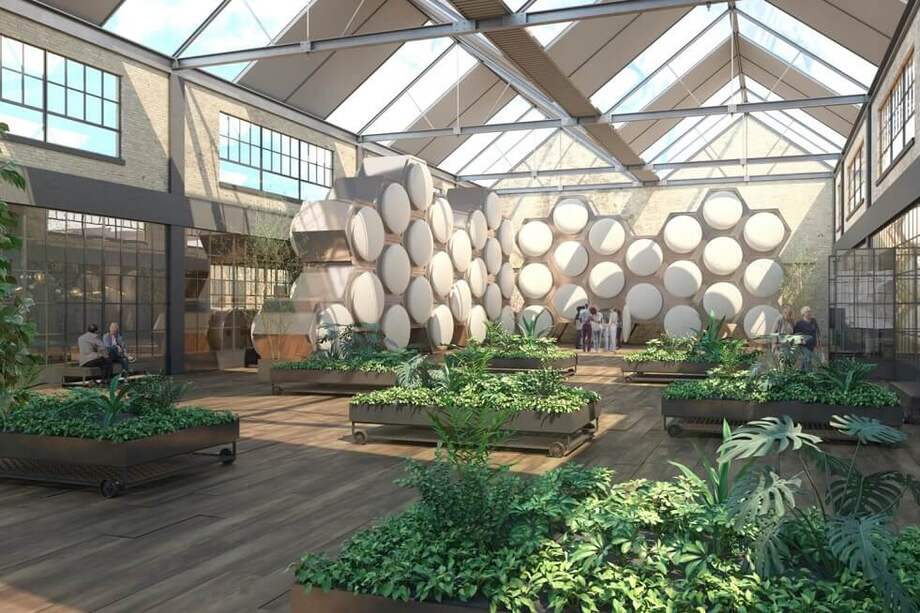 Así luciría el espacio en donde las familias y amigos podrían llevar los cuerpos de los fallecidos para ser transformados en abono. / Imagen digital de MOLT Studios - Tomada de Twitter: @recomposelife