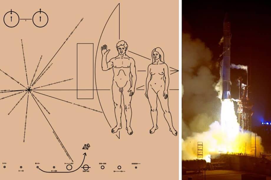 La nave Pioneer X es una de las cuatro misiones lanzadas por la Nasa en la década de los 70. Esta sonda lleva consigo una placa (imagen izquierda) con un mensaje simbólico, una especie de "mensaje en una botella" interestelar para extraterrestres. / Wikipedia