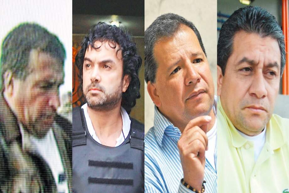 De izquierda a derecha: Miguel Arroyave, alias Arcángel, jefe del bloque Centauros; Henry de Jesús López, alias “Mi Sangre”, detenido en Argentina; Daniel Rendón Herrera, alias Don Mario, hoy preso; Manuel Pirabán, alias Jorge Pirata, hoy libre. Créditos: EFE, Gabriel Aponte y Archivo El Espectador.