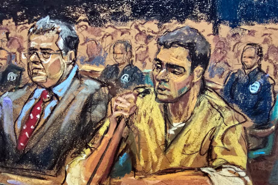 Fotografía de un dibujo realizado por la artista Jane Rosenberg en el que aparece Luigi Mangione hablando durante una audiencia en un tribunal federal en Nueva York (Estados Unidos).
