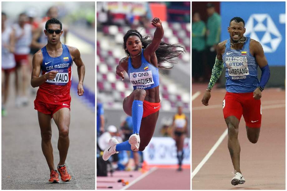 Éider Arévalo, Caterine Ibargüen y Anthony Zambrano comandarán al equipo colombiano de atletismo en los Juegos Olímpicos de Tokio. / AFP