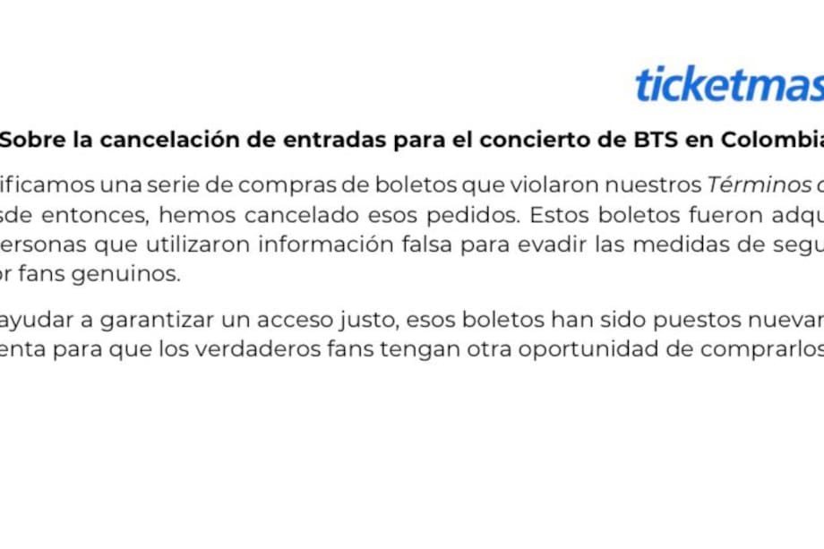 Comunicado de Ticketmaster frente a las cancelaciones de algunas entradas para los conciertos de BTS.