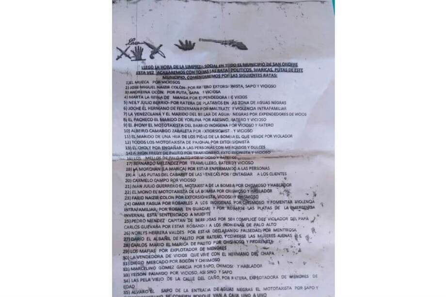 Las personas amenazadas denunciaron el pasquín ante la Fiscalía y la Policía. Esperan que se garantice su seguridad y encuentren a los autores del panfleto. / Cortesía