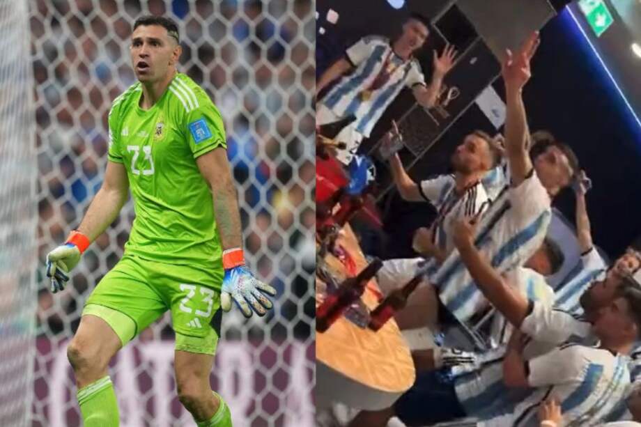 'Dibu' Martínez durante la tanda de cobros desde el punto penal en la final del Mundial de Catar 2022 / Selección de Argentina celebrando en los camerinos.