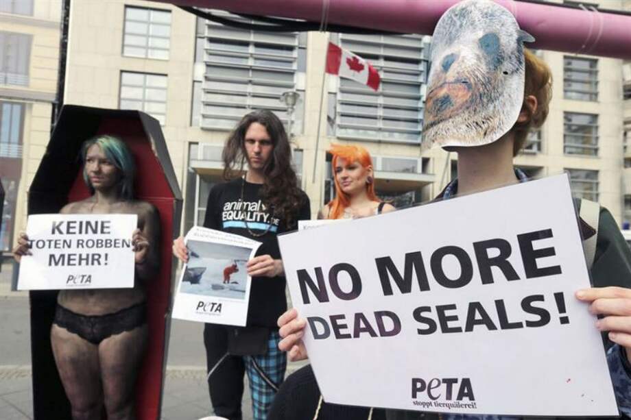 Activistas de PETA protestan con pancartas en las que se puede leer "No más focas muertas" durante una manifestación en contra de la matanza de focas frente a la embajada canadiense en Berlín (Alemania).