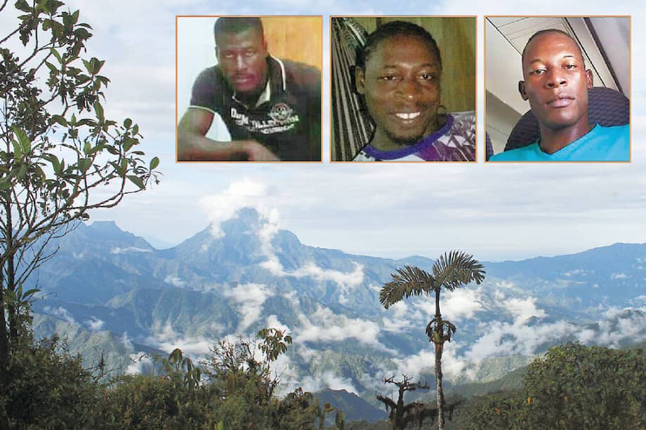 Sobre el paisaje de El Naya, Hermes Angulo Zamora, Iver Angulo Zamora y Obdulio Angulo Zamora, los tres hermanos y líderes desaparecidos. Simón Olave Angulo es el cuarto en la lista. / Fotos: Prensa APA