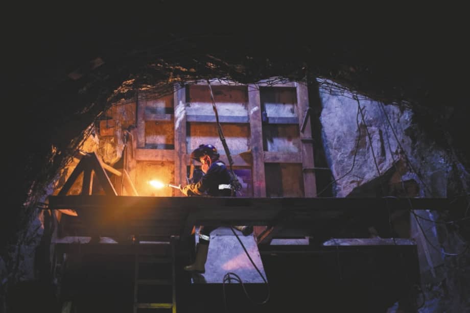 A worker welds on a platform inside the Gran Colombia Gold Corp. mine in Segovia, Colombia, on Monday, Jan. 27, 2020. The Canadian-based Gran Colombia produced nearly 240,000 ounces of gold through 2019, up 10% from 2018. Photographer: Nicolo Filippo Rosso/Bloomberg