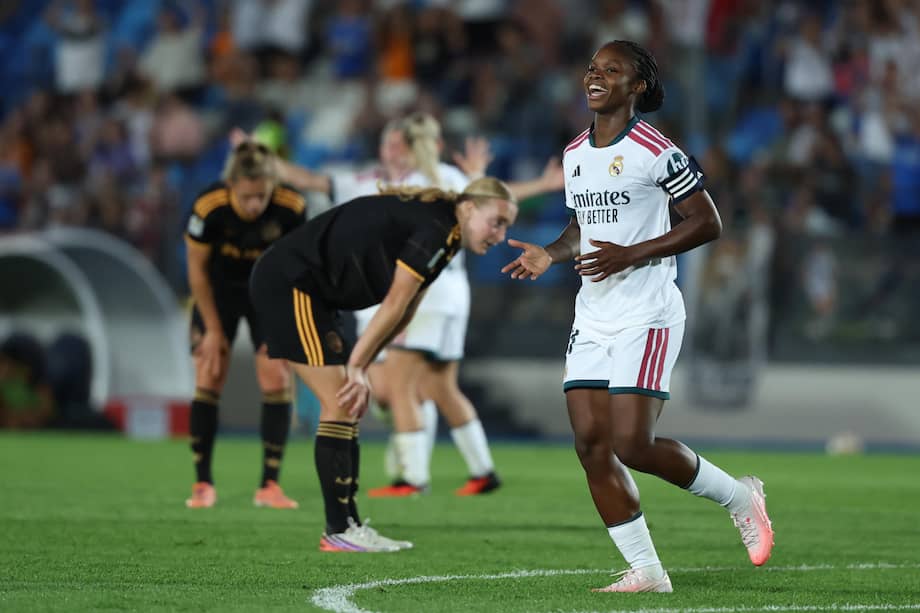 Linda Caicedo celebra el gol que le dio la victoria a Real Madrid sobre Ajax en la Champions femenina.