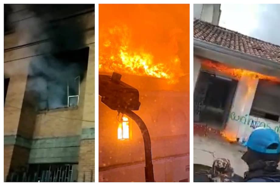 Palacio de Justicia de Facatativá (izquierda), Palacio de Justicia de Tuluá (centro) y URI de la Fiscalía de Popayán, todas en llamas por ataques en medio del Paro Nacional.