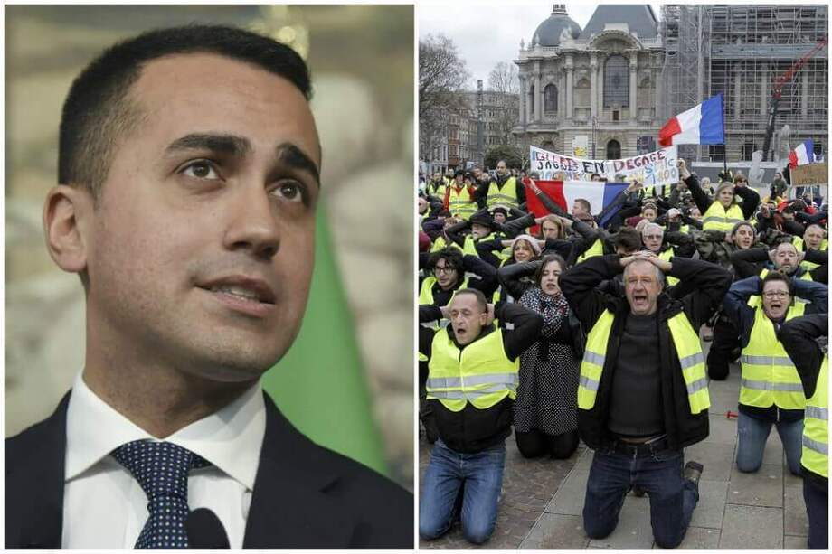 Luigi di Maio, vice primer ministro italiano y los chalecos amarillos de Francia. / Fotomontaje AFP