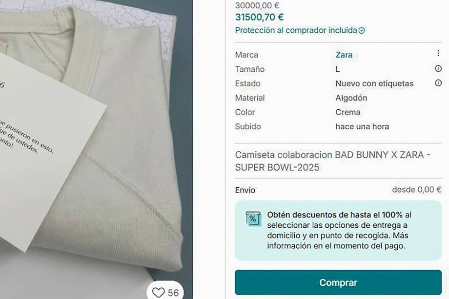 Captura tomada de una plataforma de compraventa por Internet. Camisetas iguales a las que el cantante puertorriqueño Bad Bunny regaló este lunes a empleados de Zara, tras utilizarla en la Super Bowl, han salido a la venta. / EFE/ Plataforma Compraventa por Internet