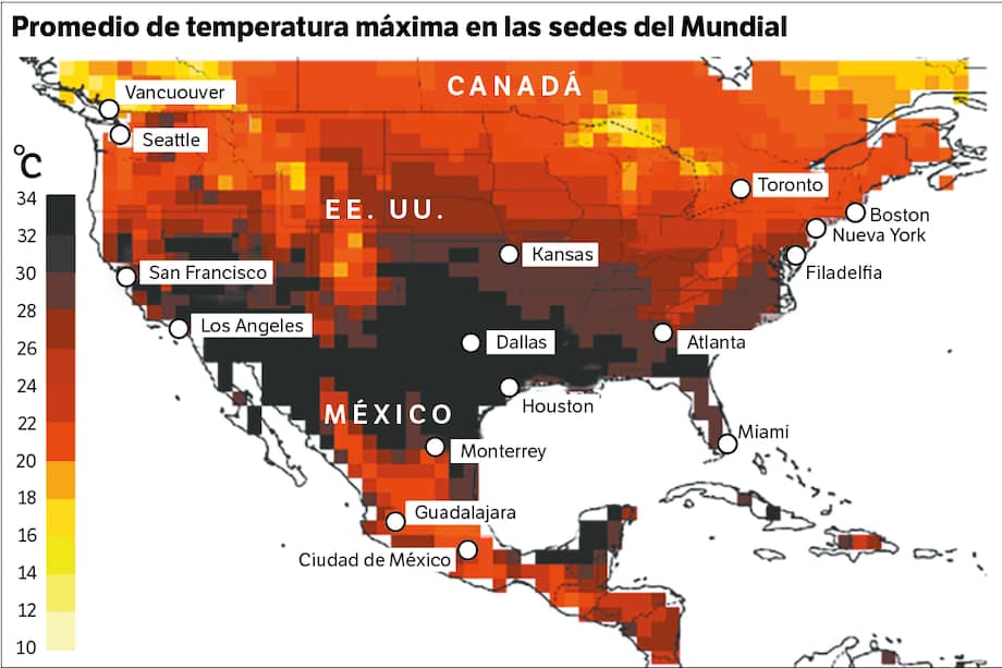 Promedio de temperatura en Norteamérica entre el 10 de junio y el 19 de julio, periodo en el que se jugará la Copa del Mundo. Los datos se obtuvieron revisando la temperatura en esos días durante 1990 y 2020. Los puntos blancos corresponden a los estadios donde se jugarán los partidos del evento.