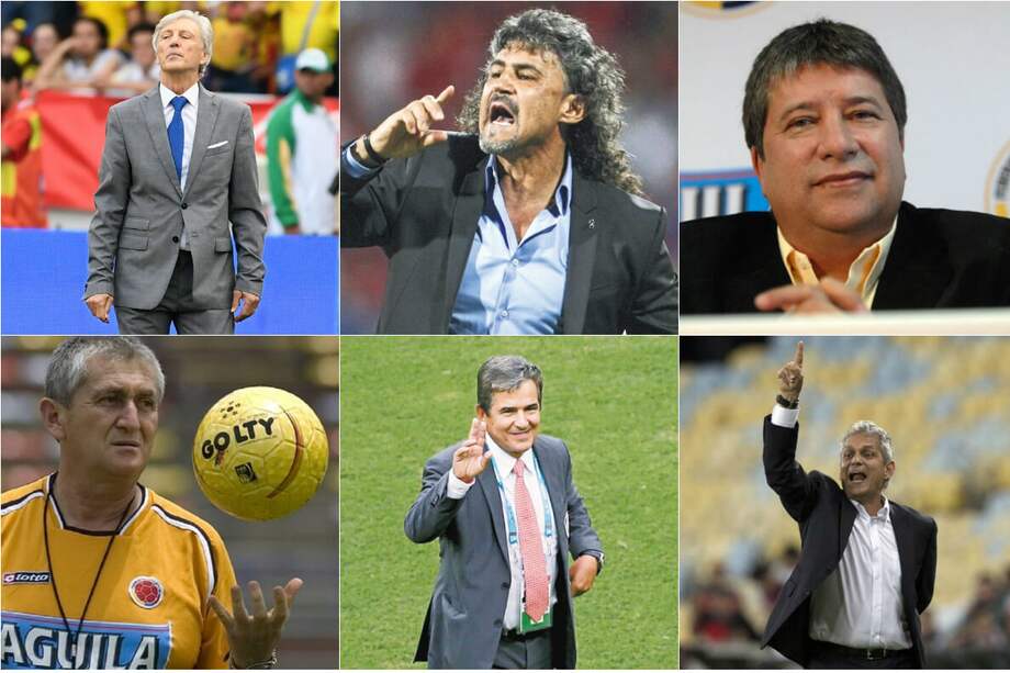 José Pékerman, Leonel Álvarez, Hernán Darío Gómez, Eduardo Lara, Reinaldo Rueda y Jorge Luis Pinto, técnicos de Colombia. / Archivo
