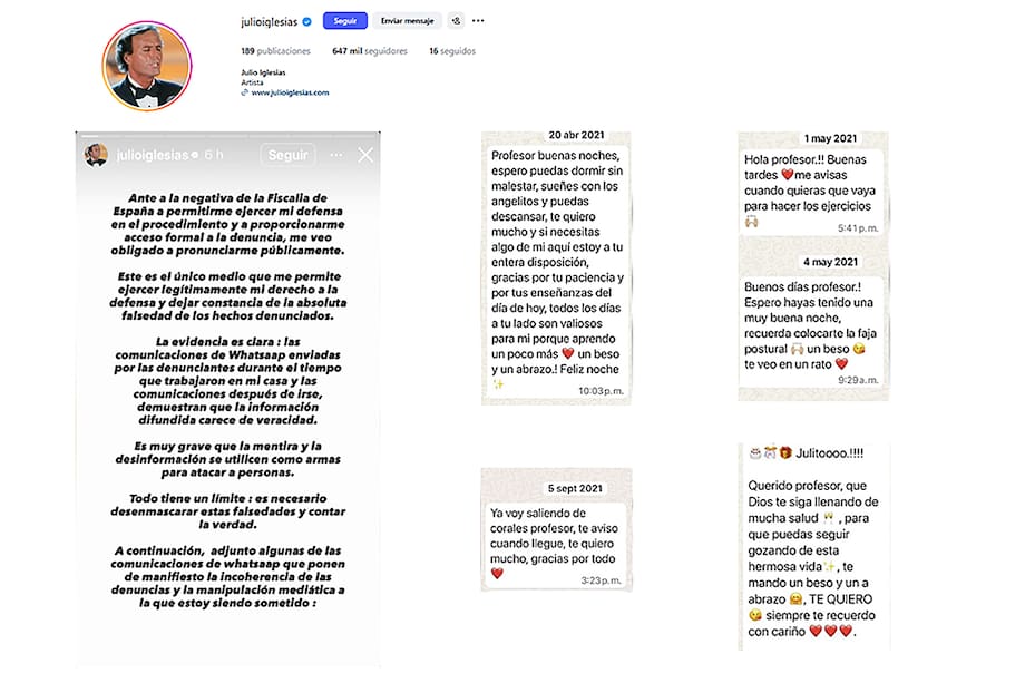 MADRID, 22/01/2026.- Comunicado y algunos mensajes de WhatsApp publicados en el perfil de Instagram del cantante español Julio Iglesias. Los mensajes supuestamente los ha recibido a través de WhatsApp por parte de las trabajadoras que le han denunciado por agresión sexual con los que parece querer demostrar su inocencia. EFE/ Perfil de Julio Iglesias en la red social Instagram SOLO USO EDITORIAL/SOLO DISPONIBLE PARA ILUSTRAR LA NOTICIA QUE ACOMPAÑA (CRÉDITO OBLIGATORIO)