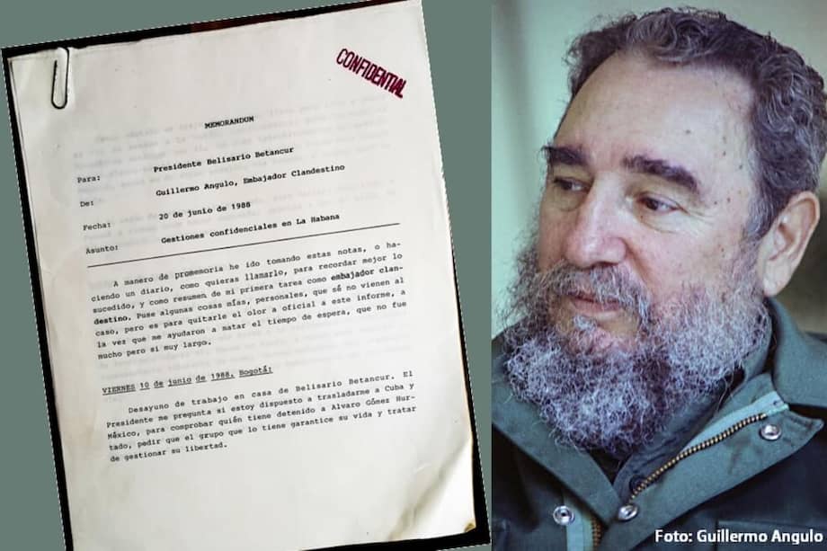 El memorando original de la misión entregado a Belisario betancur llevaba el sello de "Confidencial". En casa de "Los Gabos" en la Habana, durante la misión, Guillermo Angulo tomó esta fotografía de Fidel Castro. / Fotocomposición con imágenes de Guillermo Angulo