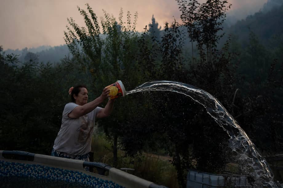Una mujer arroja agua en su terreno para evitar el fuego este lunes, en la comuna de Chaimávida, en Concepción.