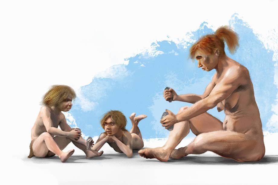 Una mujer neandertal enseñando a los niños de la comunidad a tallar. / J. A. Peñas, SINC