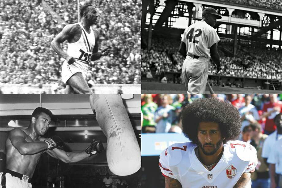Arriba la izquierda: Jesse Owens; arriba a la derecha: Jackie Robinson; abajo a la izquierda: Mohamed Alí; abajo a la derecha: Colin Kaepernick.