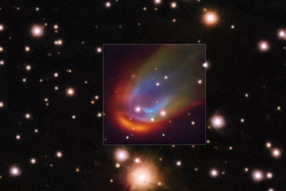 Imagen obtenida con el VLT de una estrella muerta creando una onda de proa mientras se desplaza por el espacio. / ESO/ K. Ilkiewicz and S. Scaringi et al. Background: PanSTARRS