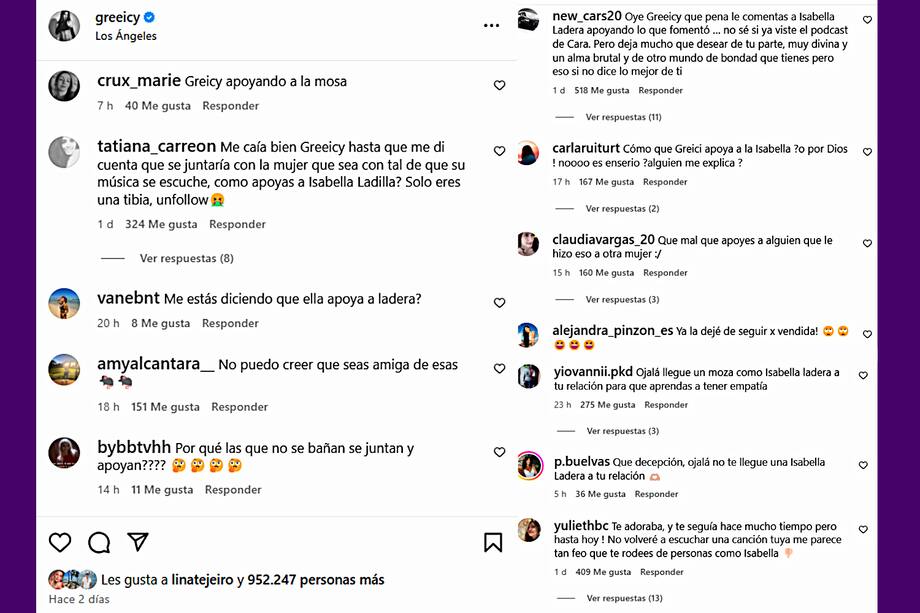 Estos fueron algunos de los comentarios que Greeicy recibió por su mensaje a Isabella Ladera.
