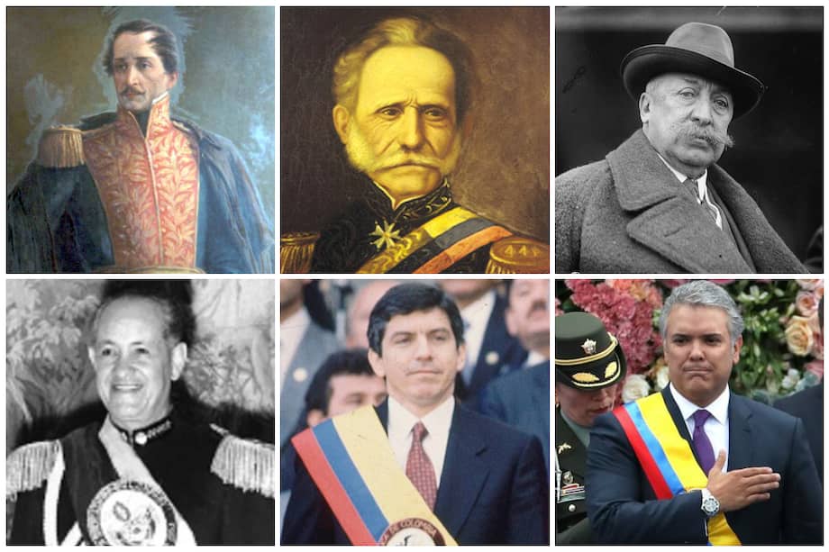 Bogotá ha sido la zona del país que más presidentes ha puesto, le sigue Cauca y Boyacá. En la foto Francisco de Paula Santander (izquierda-superior), Tomás Cipriano de Mosquera (centro-superior), Rafael Reyes (derecha-superior), Gustavo Rojas Pinilla (izquierda-inferior), César Gaviria (centro-inferior) e Iván Duque (derecha-inferior).
