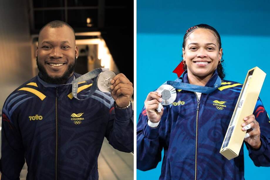 Los pesistas colombianos Jeison López y Mari Leivis Sánchez, medallistas de plata en los Juegos Olímpicos de París 2024.