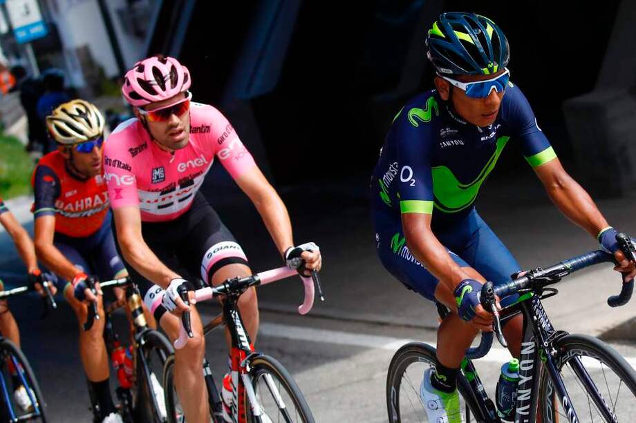 Vincenzo Nibali (izq.), Tom Dumoulin y Nairo Quintana (der.), los grandes protagonistas de la carrera rosa. / AFP