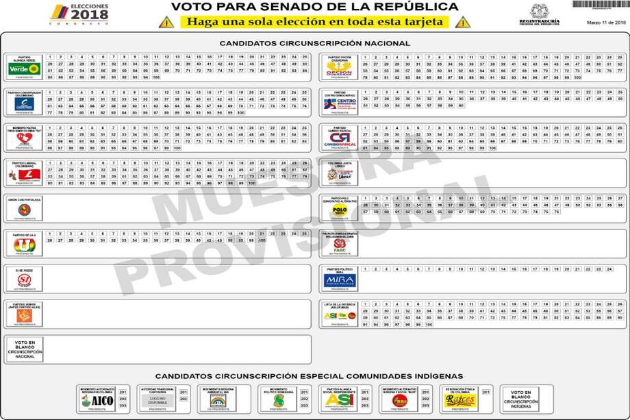 Así será el tarjetón para elecciones al Congreso en 2018