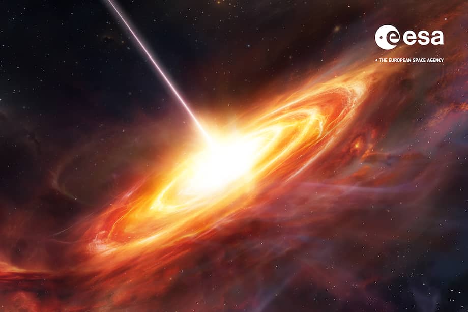Esta ilustración muestra un cuásar: un breve período de vida de una galaxia grande y brillante durante el cual grandes cantidades de material caen en espiral hacia su agujero negro supermasivo central, liberando luz energética en el proceso. Los cuásares son los objetos más luminosos del cosmos.