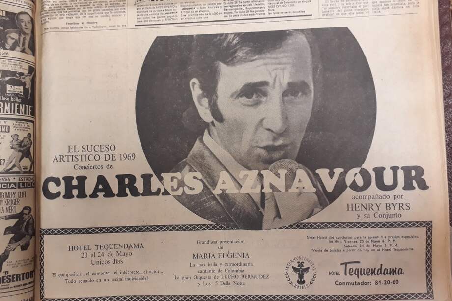 El aviso de prensa en el que se anunciaban los conciertos de Charles Aznavour en Bogotá, entre el 20 y el 24 de mayo de 1969. / Archivo El Espectador