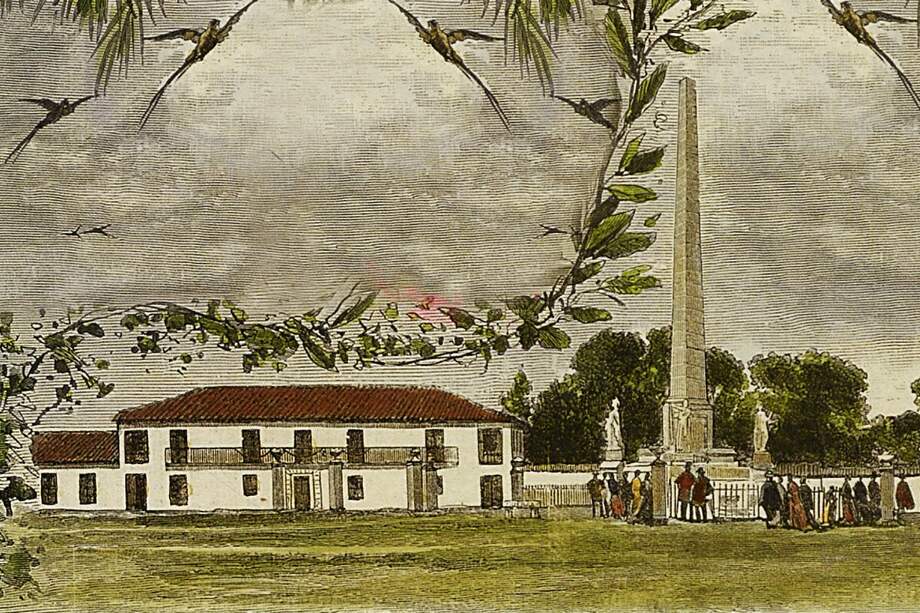 Monumento a los Mártires, diseño de Tomas Reed, grabado iluminadora mano por José Riudavets, en: ¨Recuerdos de Bogotá, capital de los Estados Unidos de Colombia¨, La ilustración española y Americana, año XXVI, N°. 28, Madrid, 30 de julio de 1882, p. 60. Biblioteca Nacional de Colombia, Bogotá. Fuente: Rodrigo de J. García Estrada; Juan Felipe Córdoba. _1816: El terror y la sangre sublime_ (Bogotá: Editorial Universidad del Rosario, 2016).