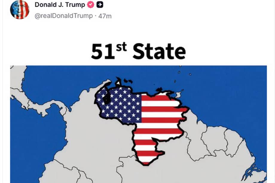 Imagen difundida por Donald Trump en Truth Social muestra un mapa de Venezuela cubierto con la bandera de EE. UU. y la frase “Estado 51”, en alusión a una posible anexión del país