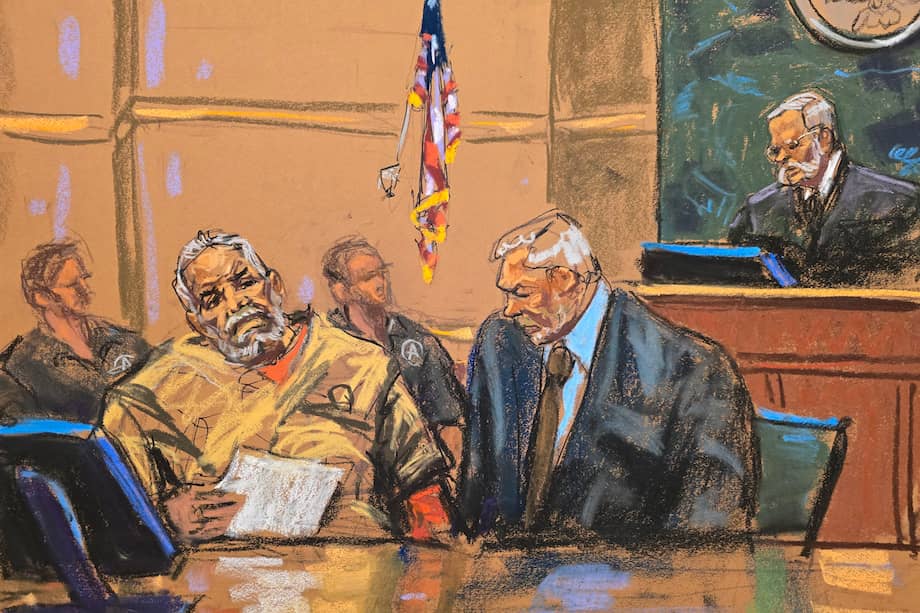 Fotografía de un dibujo realizado por la artista Jane Rosenberg en el que aparece el narcotraficante mexicano Ismael El Mayo Zambada en un tribunal de Nueva York.