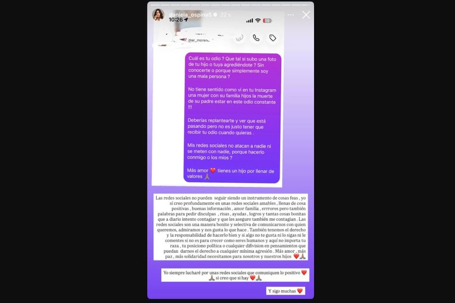 Respuesta de Daniela Ospina a comentarios contra su familia.