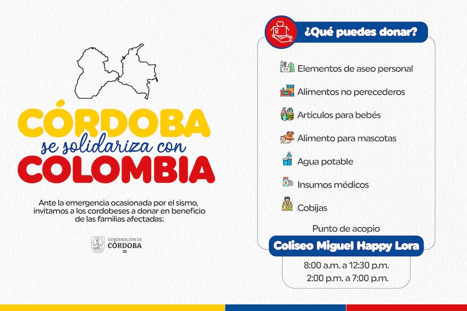 Las donaciones podrán entregarse en el Coliseo Miguel Happy Lora, en jornada de 8:00 a. m. a 12:30 p. m. y de 2:00 p. m. a 7:00 p. m.