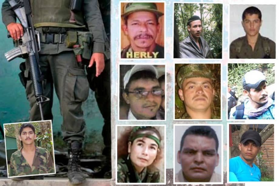 El listado está encabezado por alias ‘Godoy’ (destacado en la izquierda inferior) y en el recuadro superior derecho figuran, de izquierda a derecha, alias ‘Herly’; ‘Harlison’; ‘Omar o el burro’; ‘Jamir Motor’; ‘Burro Demetrio’; ‘Mala Cara’; ‘Yurley’; ‘Pechiblanca’ y alias ‘Cuajo’. /Ejército Nacional