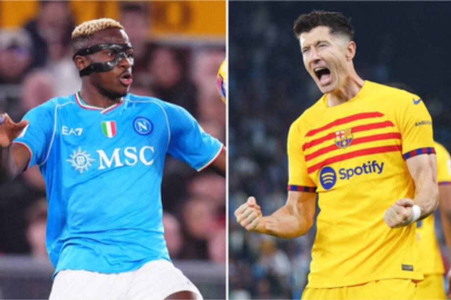 Victor Osimhen (izq.) jugador del Napoli y Robert Lewandowski, delantero del Barcelona.