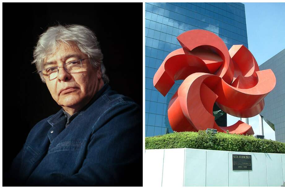 El escultor mexicano Enrique Carbajal, "Sebastián" y su Escultura del sol del logo de Elektra en el corporativo de Grupo Salinas, Ciudad de México.