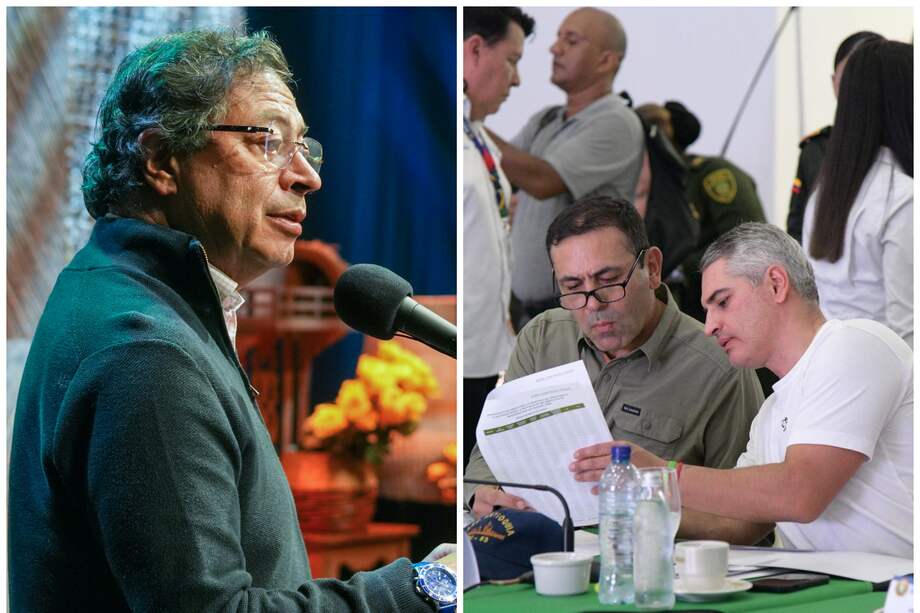 El presidente Petro (izq.) respondió a lo mencionado por el gobernador de Santander, Juvenal Díaz (centro), en medio del consejo de seguridad que se realizó en el Magdalena Medio.