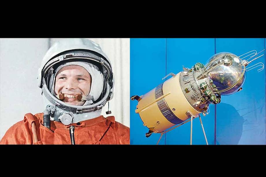 Yuri Gagarin y una maqueta de la nave que llevó por primera vez a un ser humano al espacio.