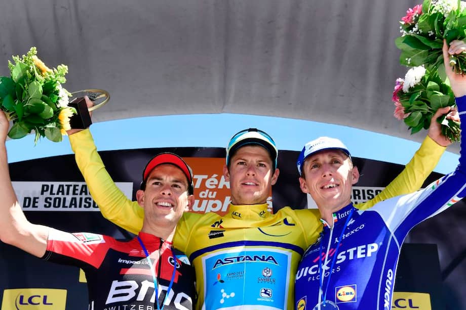 Richie Porte (izq.), Jakob Fuglsang y Dan Martín, el podio del Dauphiné.